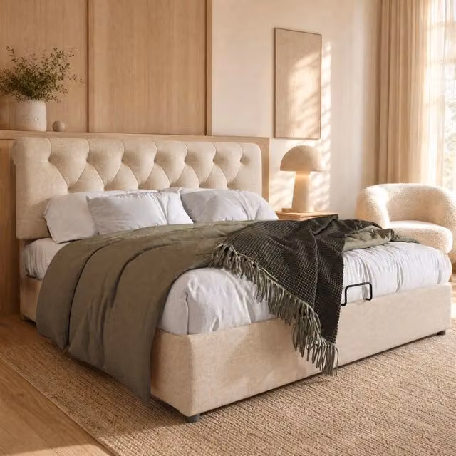 Letto Matrimoniale 140x200 cm con Testiera Regolabile e Contenitore, Struttura in Metallo e Legno Naturale Senza Materasso