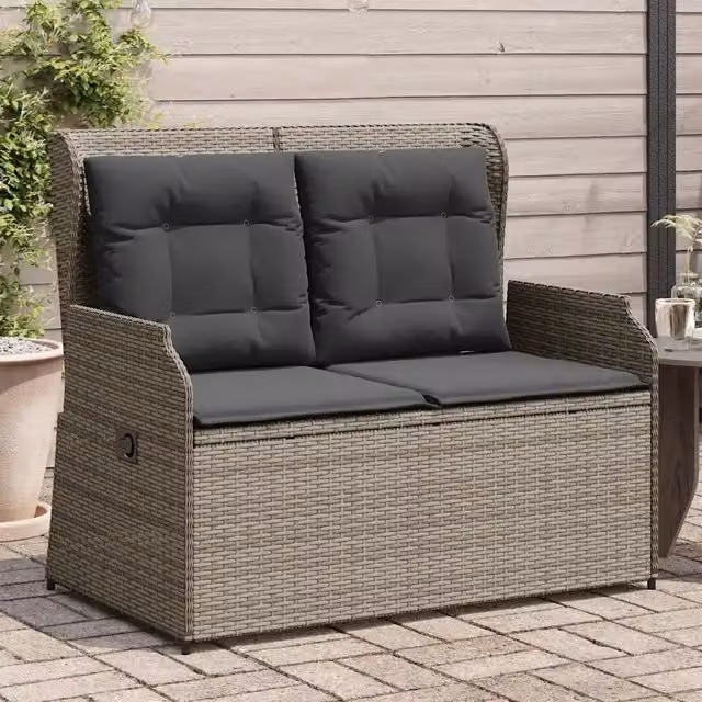 Panca Reclinabile da Giardino con Cuscini-Sgabello-Sedia da esterno Grigia in Polyrattan 111624