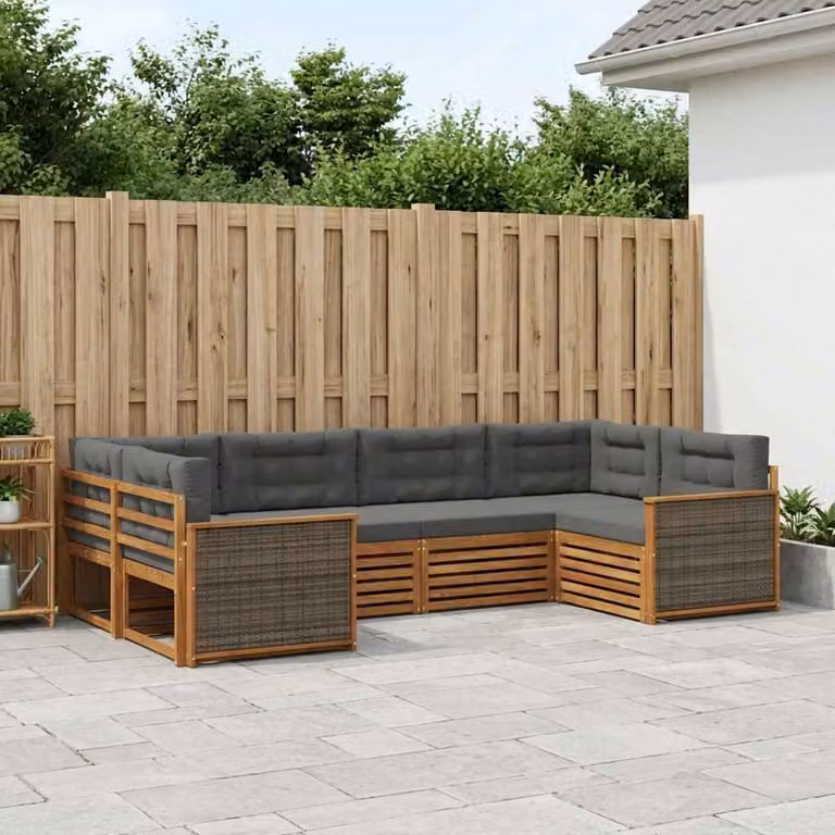 Set di divani da esterno vidaXL a forma di U in legno di acacia con cuscini, 6 pezzi, Beige e Antracite