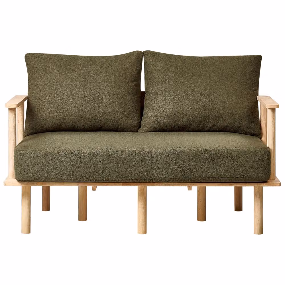Divano a 2 posti Beliani in stile Japandi minimalista con rivestimento in tessuto bouclé verde e beige e struttura in legno massello – 2