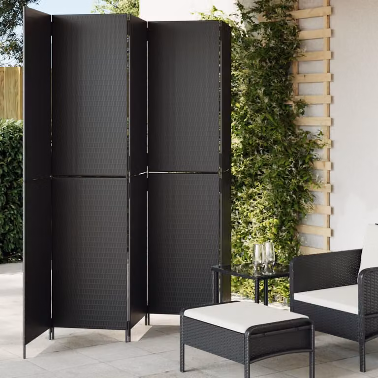 Divisorio per ambienti vidaXL a 5 pannelli in polyrattan nero con struttura in metallo H: 200 cm, L: 245 cm
