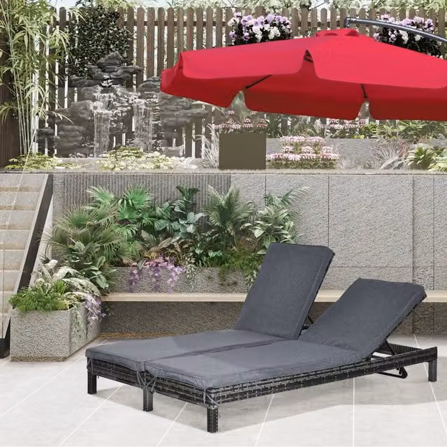 Lettino prendisole da giardino FOLYNA per 2 persone in rattan grigio con schienali regolabili