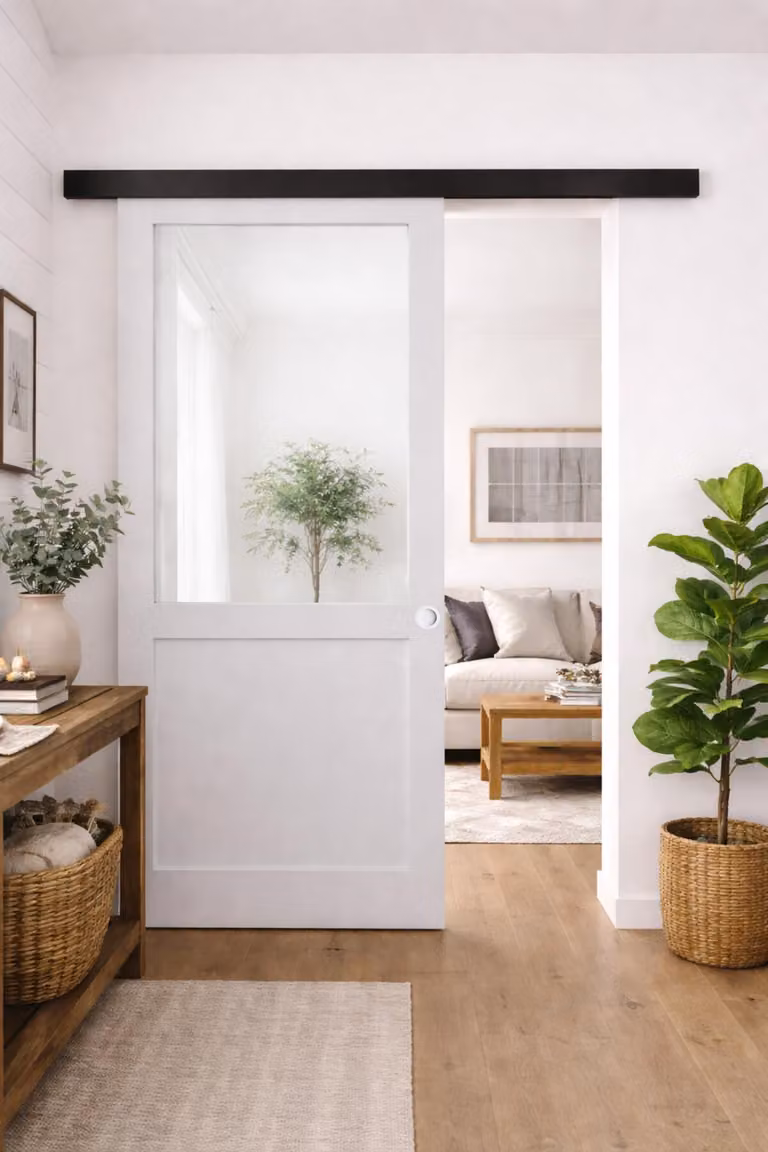 Porta scorrevole da officina bianca senza montante H204 x L83 cm, binario in alluminio con fascia nera, conchiglie bianche GD MENUISERIES
