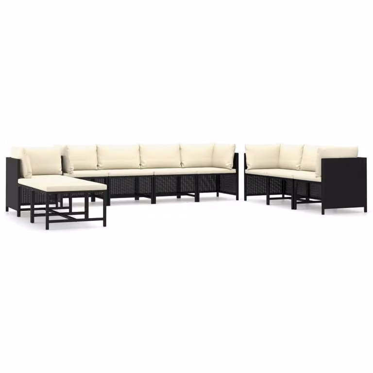 Set Divani da Giardino 10 pz con Cuscini in Polyrattan Nero
