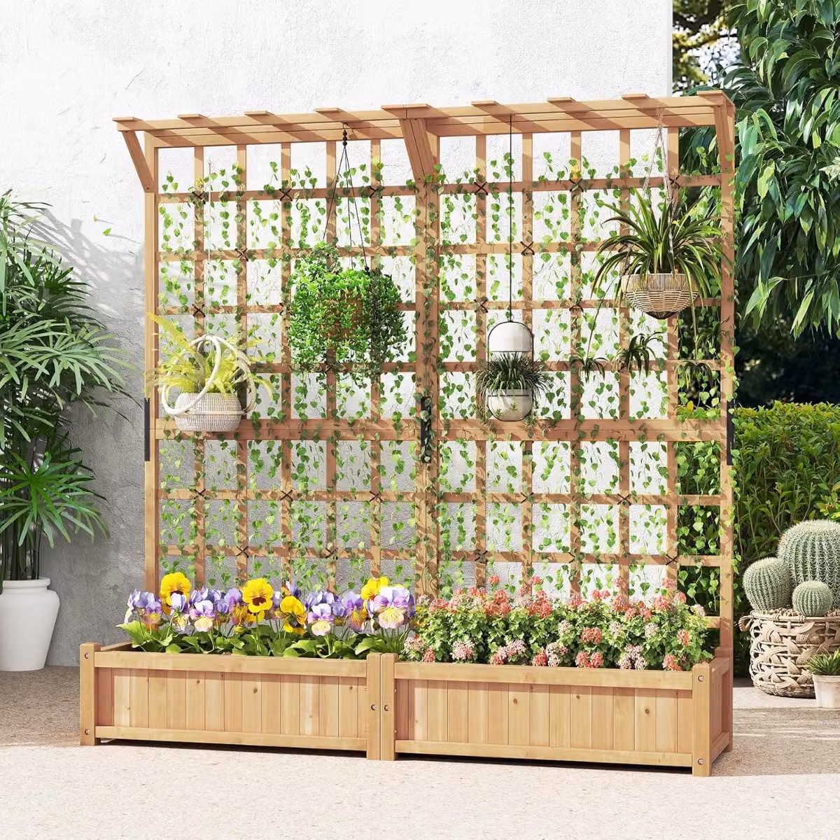 Costway Letto da giardino elevato in legno con traliccio per piante rampicanti, Arancione, L: 180 cm