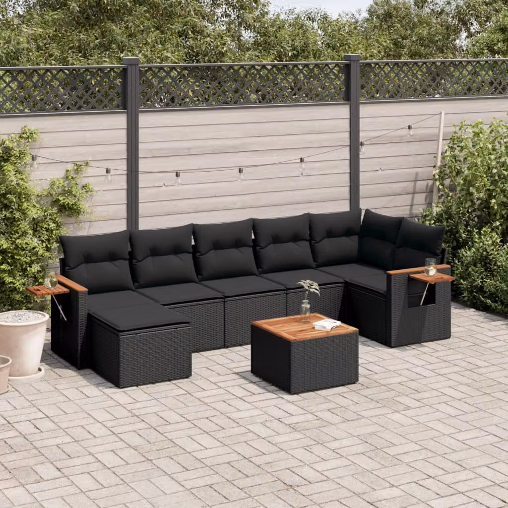 vidaXL Set Divani da Giardino a L con Cuscini 8 pz Nero in Polyrattan e Legno di Acacia – 1