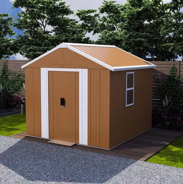 Casetta da giardino in metallo 180x96x194 cm marrone; con doppia porta scorrevole e ventilazione