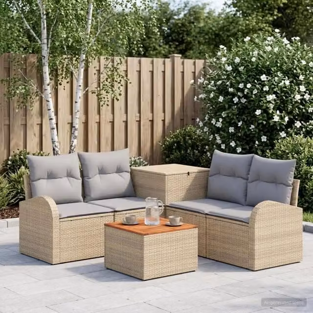 Set di mobili da giardino vidaXL composto da 6 pezzi con divano angolare, tavolino e pouf in stile moderno, colori beige e grigio