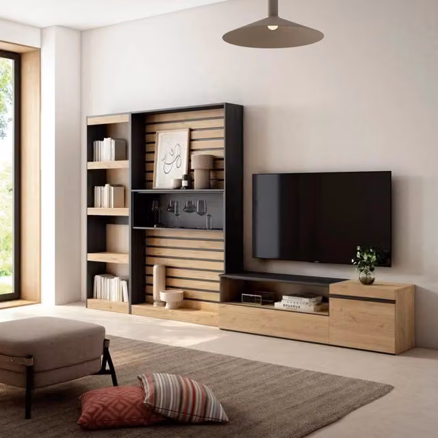 Mobile TV, Soggiorno, 320x35x186cm, Set di mobili, colore Rovere e nero RF2590