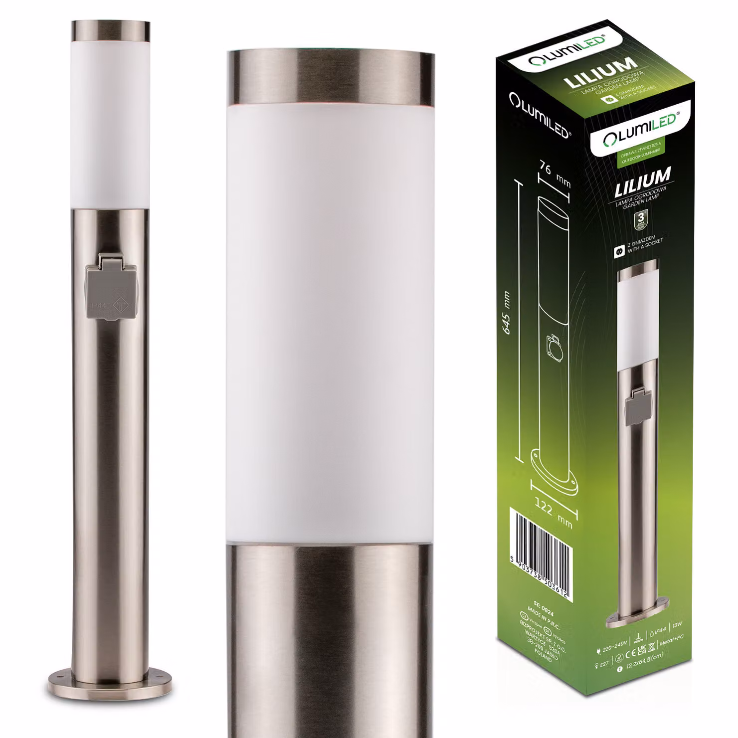 LUMILED luce da terra per esterni 65cm bitta con presa IP44 acciaio inox E27 luce da giardino lampada da terra argento luce da sentiero luce da esterno