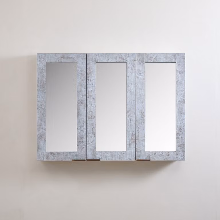 Mobiletto a Specchio da 600mm x 650mm Grigio Cemento - Completo di Maniglie con Impugnature a Dito in Bronzo Spazzolato - Cluo