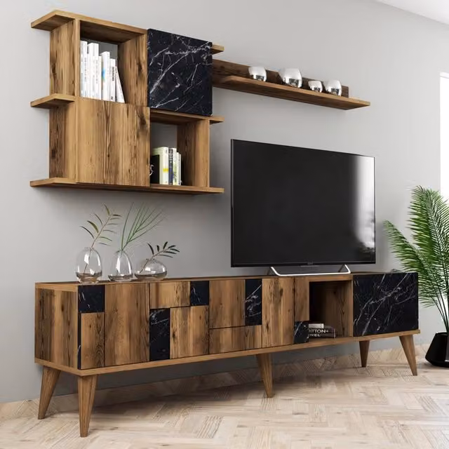 Parete Attrezzata Moderna DMORA per Soggiorno con Lowboard, Mensole Aperte e Ante a Battente, Marrone e Nero