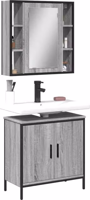 Set Mobili da Bagno Moderno vidaXL in Grigio con Mobile Lavabo e Armadietto Specchio in Legno e Metallo