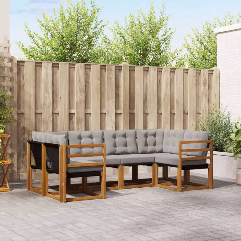 Set di divani da esterno vidaXL a forma di L composto da 6 pezzi in legno di acacia con cuscini in textilene, colore marrone e grigio