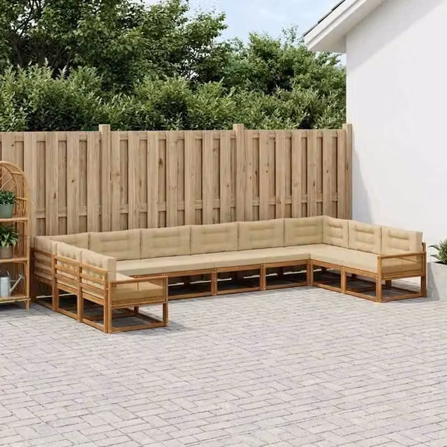 Set di divani da esterno a L vidaXL in legno di acacia con cuscini, Beige e Sand – 1