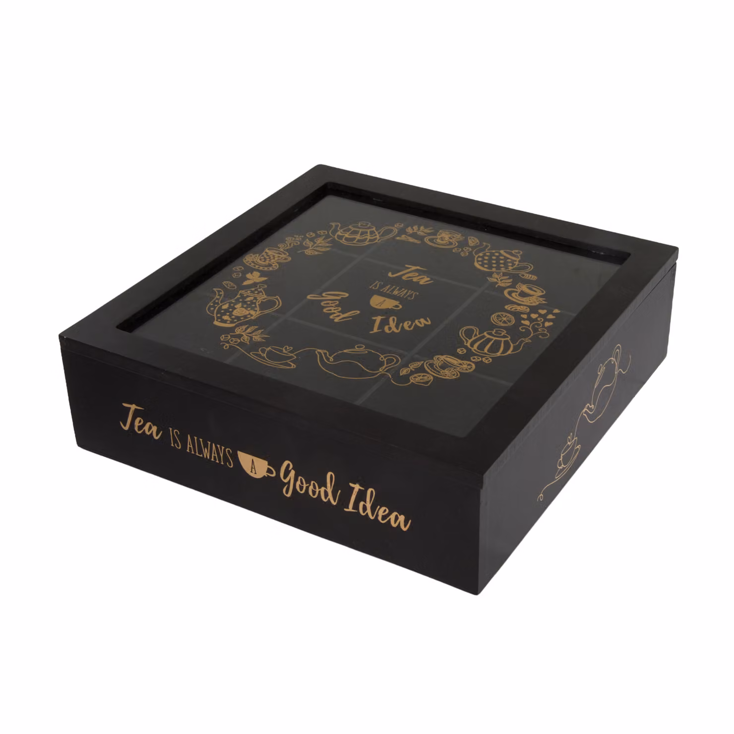 Scatola per tè in legno con 9 scomparti, colore nero, L 24 cm x P 24 cm x H 7 cm – 2