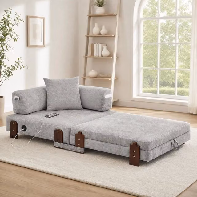 Divano letto pieghevole 2 in 1 in tessuto grigio chiaro con porte USB e Type-C HOMVRA