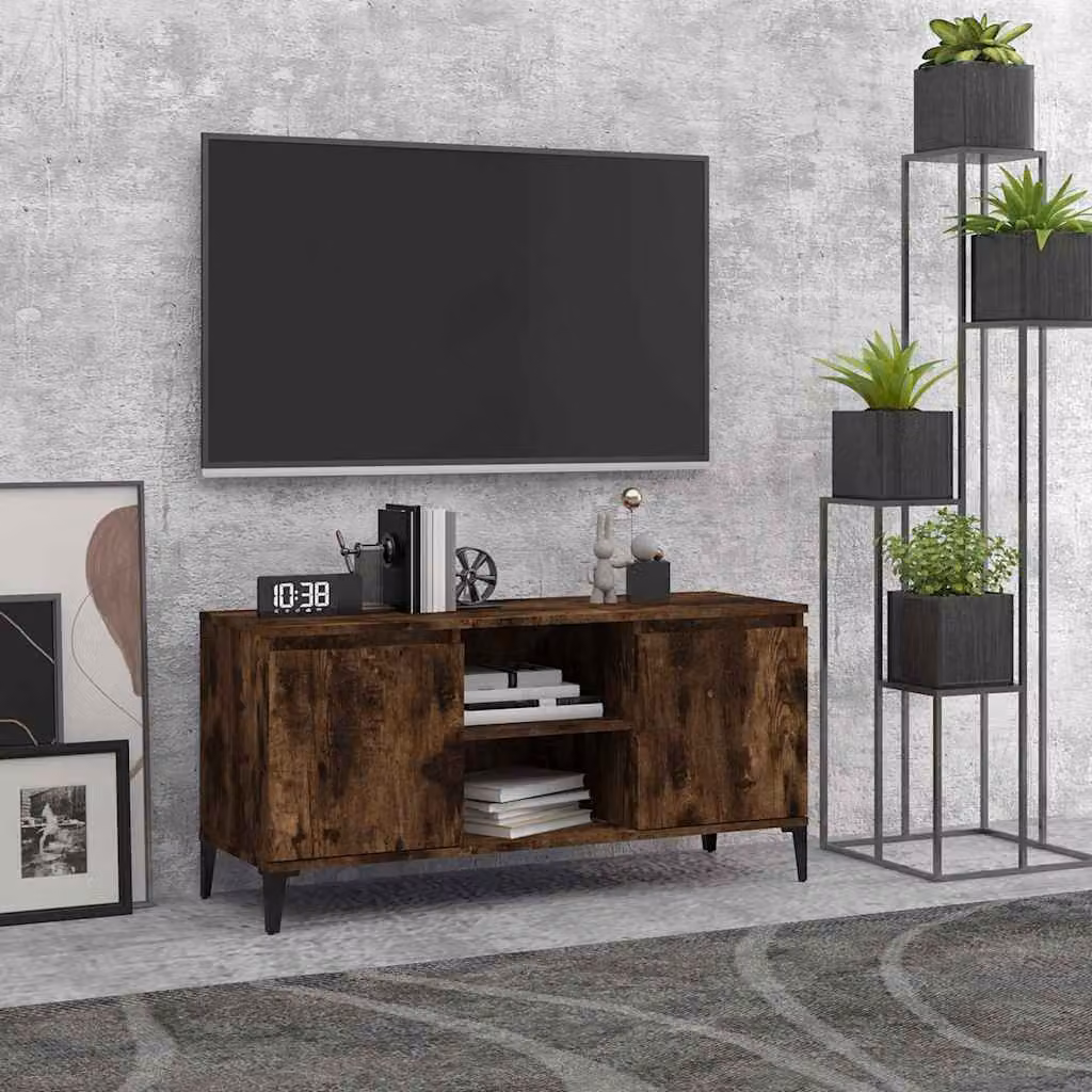 Mobile TV vidaXL in Rovere Fumo con Gambe in Metallo, L: 103,5 cm, P: 35 cm, H: 50 cm