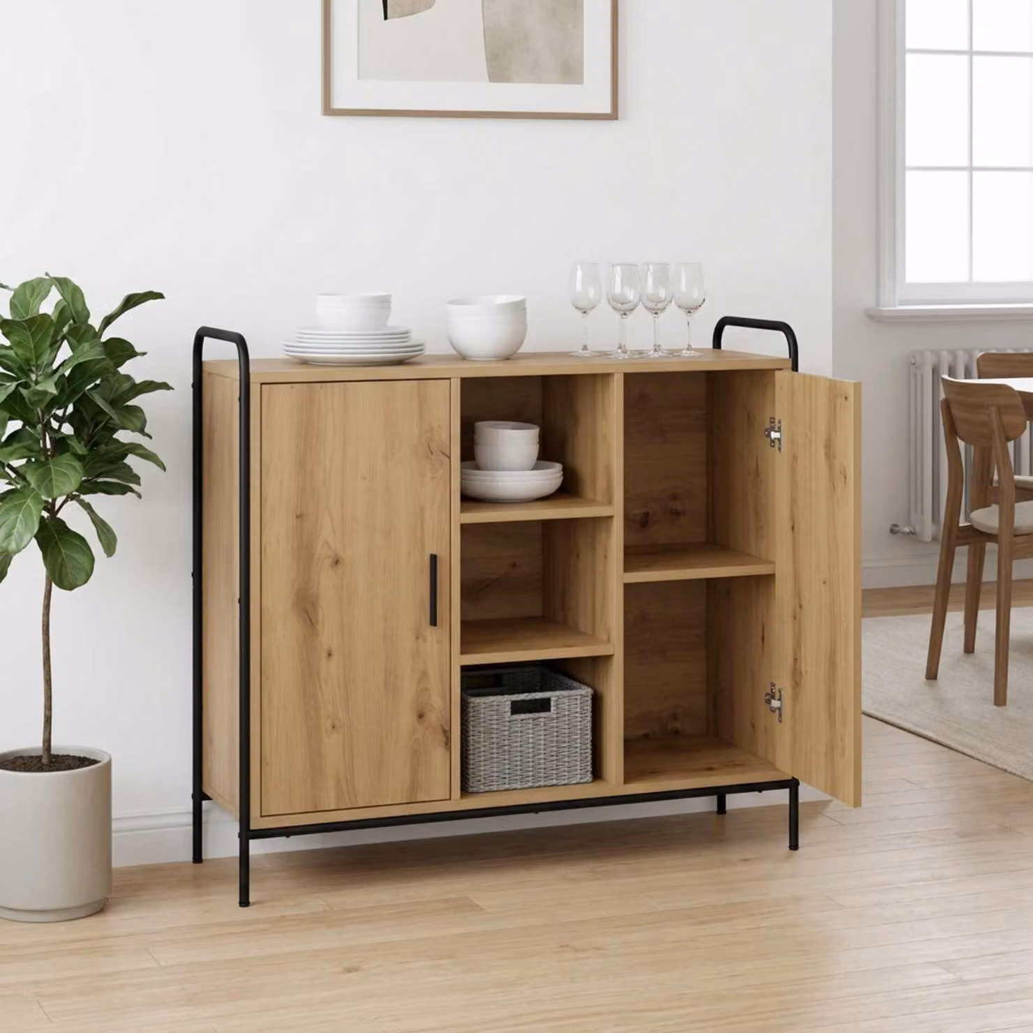 Credenza moderna vidaXL in rovere e metallo, colore marrone, L: 98,5 cm, P: 33 cm, H: 81 cm