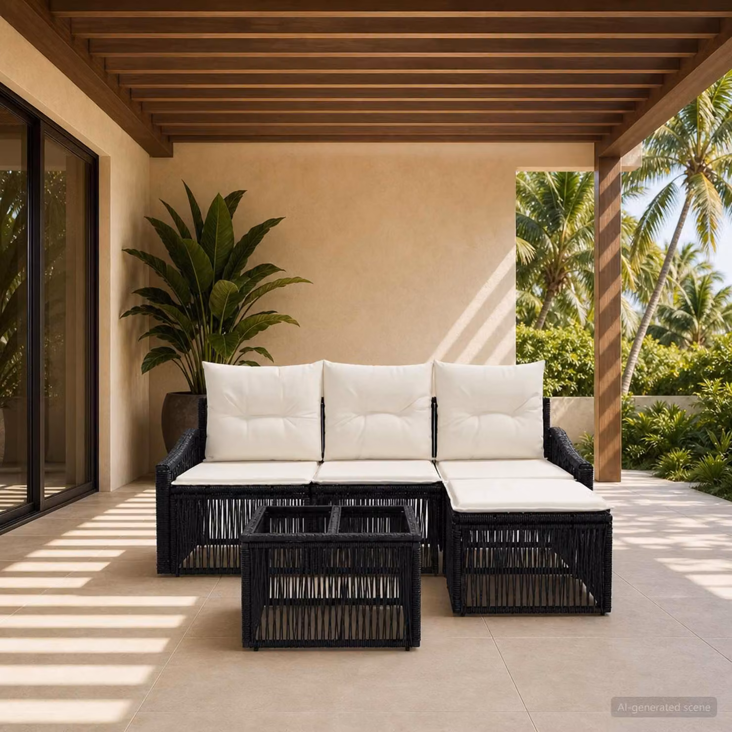 Set Divano da Giardino vidaXL a Forma di L in Polyrattan Nero con Tavolino e Ottoman, Completo di Cuscini Imbottiti e Coperture Rimovibili