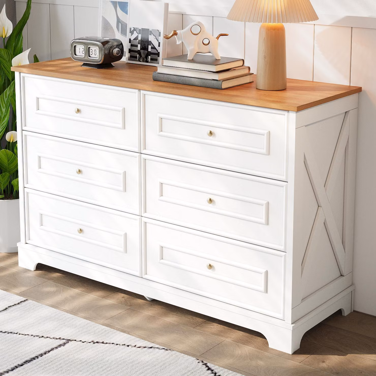 Credenza moderna Merax con 6 cassetti, cassettiera in stile country, mobile contenitore adatto a soggiorno, sala da pranzo o corridoio, bianco + legno naturale