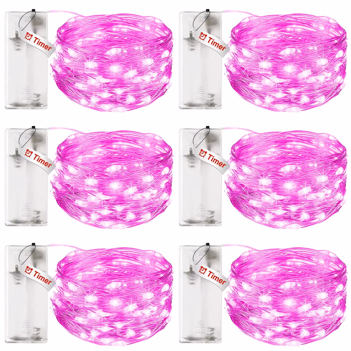 Catena luminosa da 3 metri, con 30 LED, alimentata a batteria, con timer, color rosa, confezione da 6 pezzi
