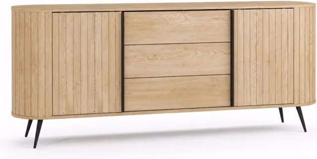 Credenza Madia Moderna Con 2 Ante 3 Cassetti Ripiani Interni E Piedi In Metallo Nero Per Soggiorno Sala Da Pranzo Salotto Design Scandinavo196 X 40.2 X 81.8 Cm Rovere