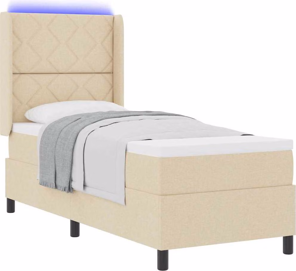 Letto con rete a molle e testiera imbottita, colore crema, dimensioni 90 x 190 cm, rivestito in tessuto