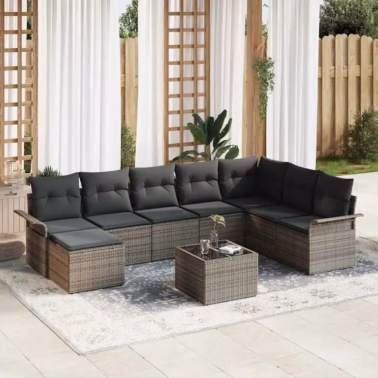 Set Divano da Giardino vidaXL 9 Pezzi in Rattan con Cuscini e Tavolino Nero e Grigio