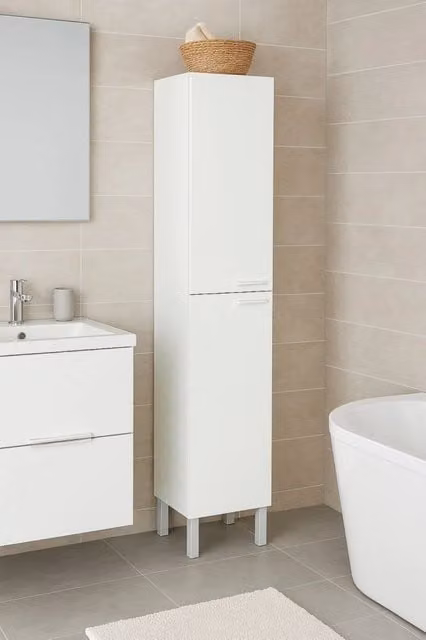 Colonna Bagno Ark DMORA, Mobile a colonna sospeso con 2 ante e ripiani interni, Bianco lucido, L: 30 cm, P: 25 cm, H: 182 cm
