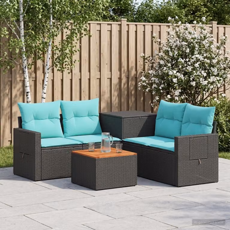 Set di divani da giardino vidaXL in polyrattan nero e blu con cuscini e tavolino da caffè coordinato