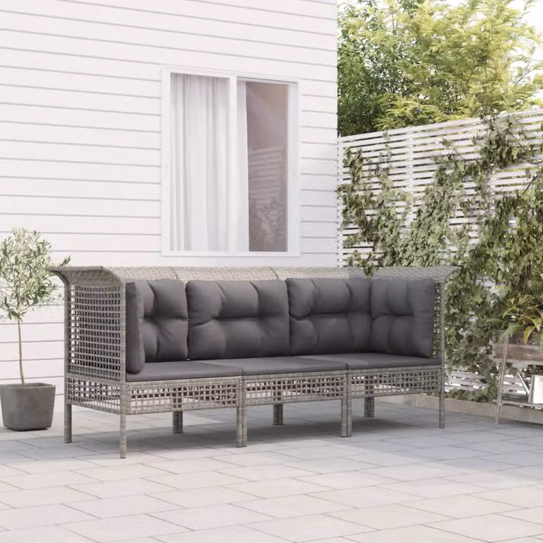 Set di divani da giardino vidaXL a forma di L con cuscini, struttura in metallo e rattan, colore grigio