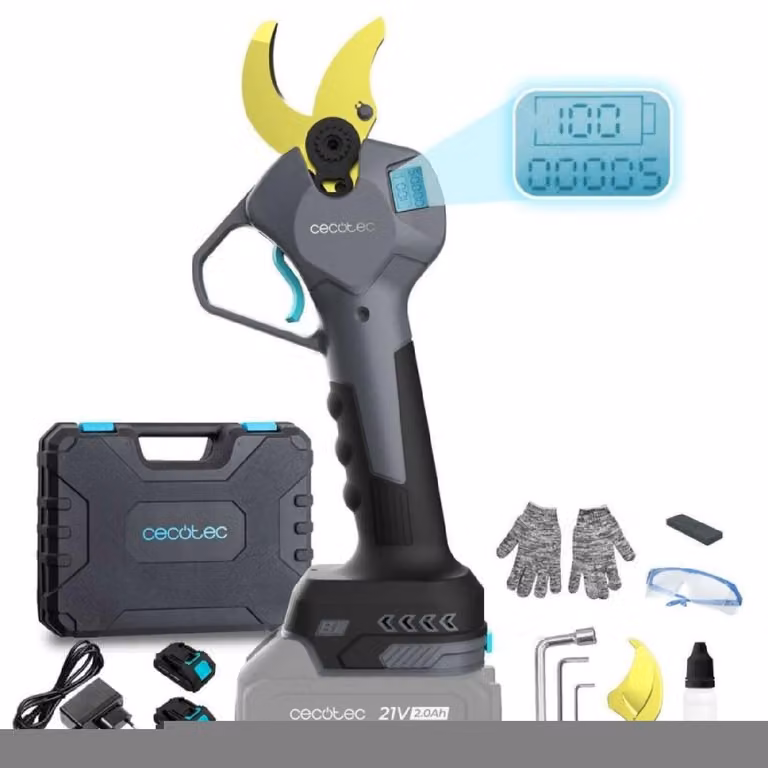 Cesoie elettriche da giardino. Due batterie da 21 V, motore brushless senza spazzole. Rami fino a 30 mm. Lame rivestite in titanio. Display con comando digitale. Valigetta portautensili e accessori inclusi.