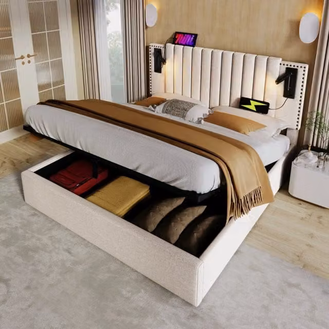 Letto imbottito 160x200 cm con contenitore, luce da lettura e porta USB, rivestimento in cotone beige, struttura stabile con rete a doghe (senza materasso)