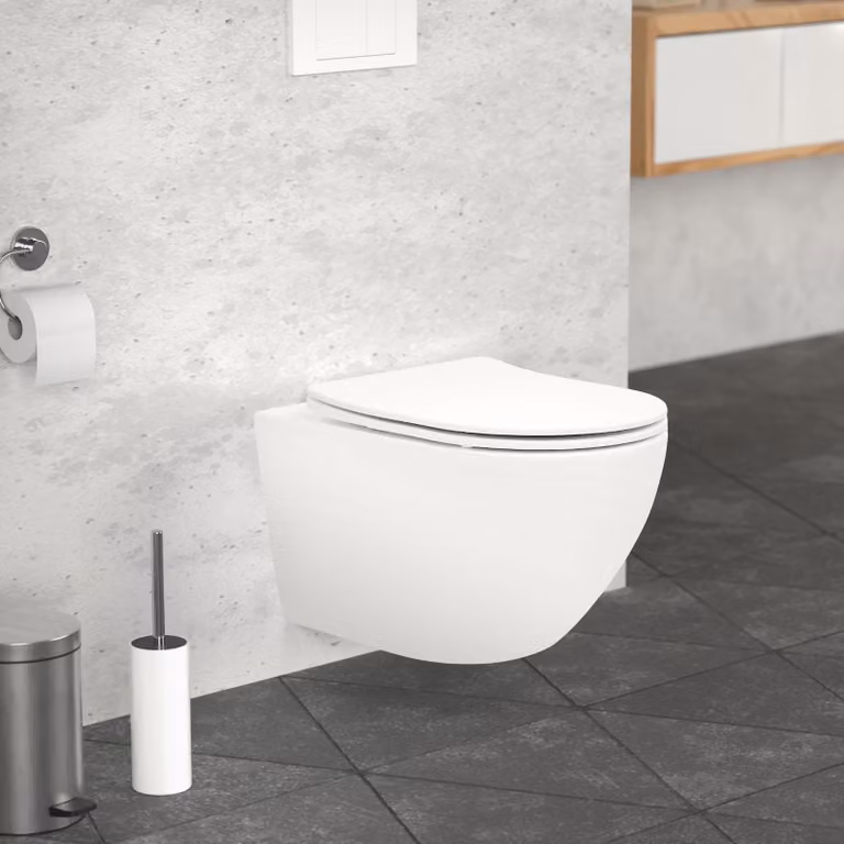 WC sospeso senza bordo LuxeBath lungo 54 cm, bianco opaco, con sedile estraibile in Duroplast soft-close, meccanismo soft-close, in Vetroceramica sanitaria