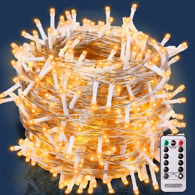 Luci di Natale LED Monzana con Telecomando e Timer, Bianco Caldo, 200 LED, Impermeabili IP44