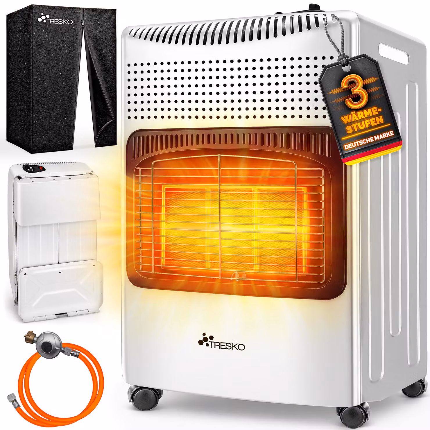 TRESKO® 4200 Watt riscaldatore a gas bianco incl. regolatore di pressione del gas tubo flessibile del gas + copertura | stufa a gas riscaldatore a gas in Vetroceramica con 3 livelli | riscaldatore a gas a infrarossi riscaldatore radiante per bombole di ga