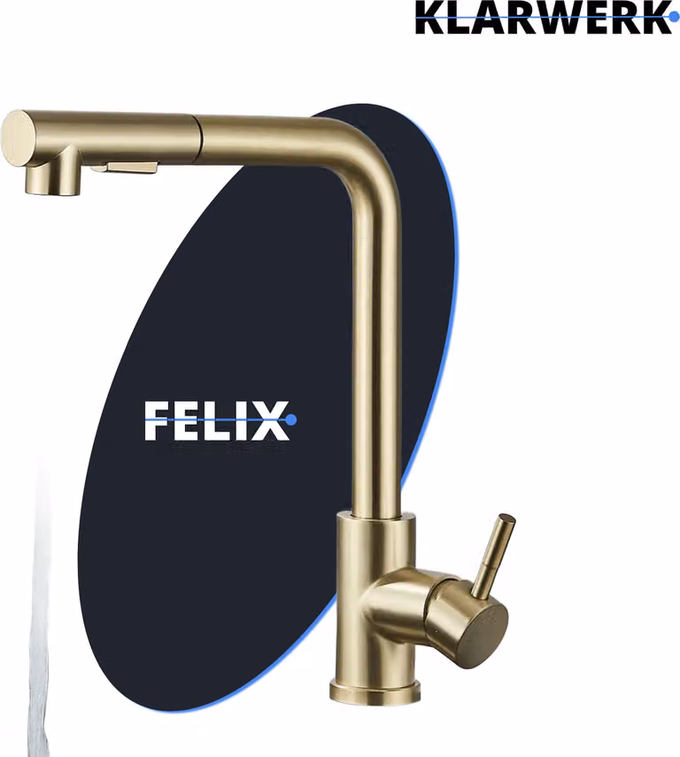 FELIX | Rubinetto estraibile da cucina Premium in acciaio inox oro opaco | Rubinetto miscelatore bocca dritta | Rubinetto gastro alta pressione 360° 2 attacchi