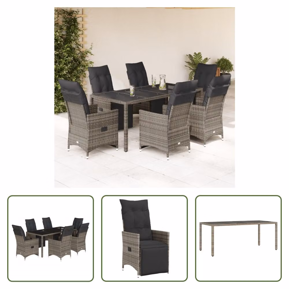 The Living Store Set bistrot da giardino 7 pezzi con cuscini in poly rattan grigio