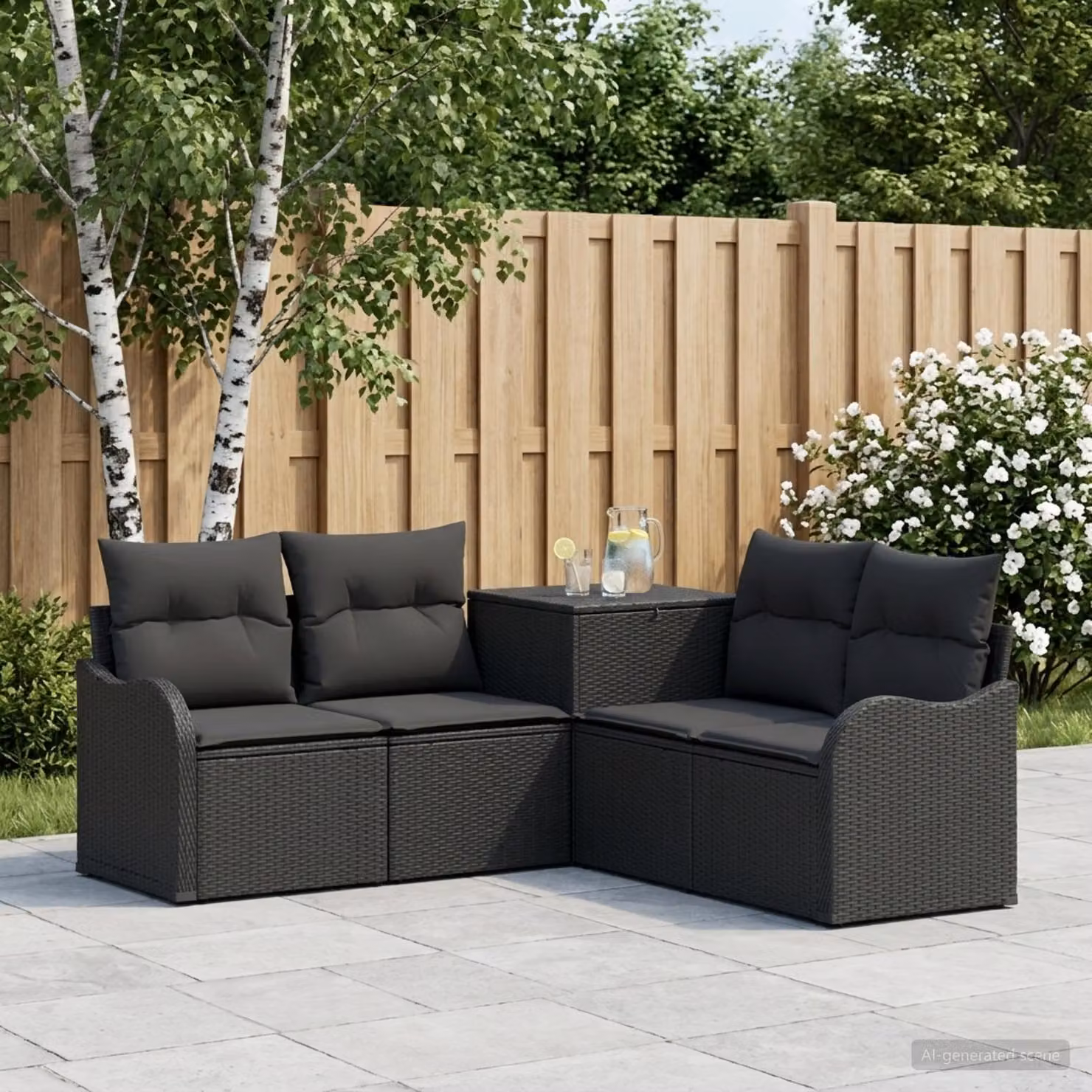 Set di divani da giardino vidaXL a forma di L con polyrattan e cuscini inclusi, colore nero