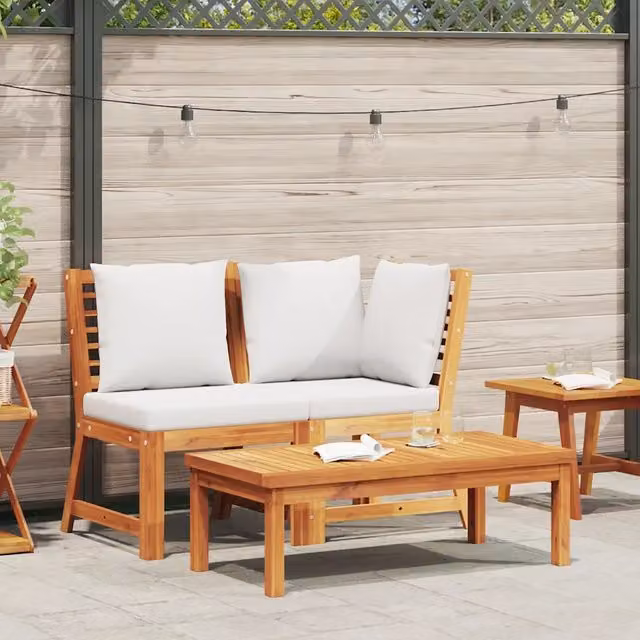 Set da giardino vidaXL in legno di acacia con divano a 2 posti, elemento angolare, tavolino e cuscini beige – 1