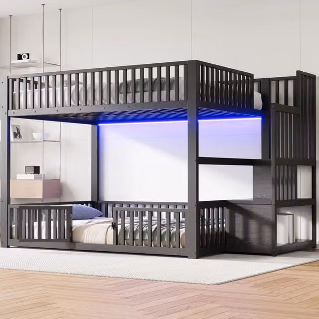 Letto a castello 140x200 cm con LED e scala portaoggetti in MDF e metallo nero