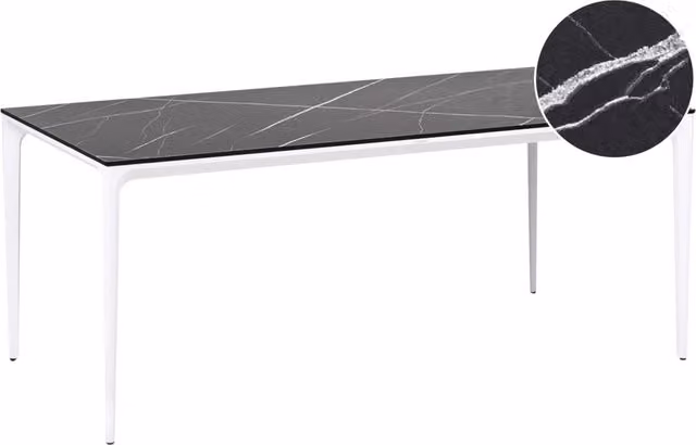 Tavolo da pranzo da giardino Piano in HPL marmo nero Telaio in alluminio bianco Resistente ai raggi UV all'acqua e alla ruggine Stile moderno del patio esterno