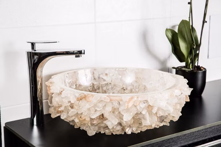 Lavabo in geode di cristallo di rocca 45 x 45 x 15