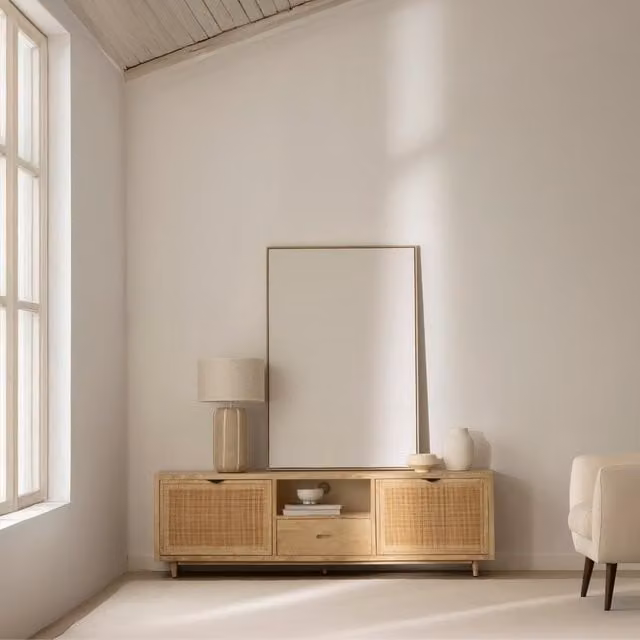 Mobile TV Nerai Banak in legno di mango e rattan beige e marrone per soggiorno in stile boho
