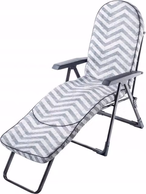 Sedia a sdraio da giardino KADAX pieghevole con poggiatesta regolabile e braccioli, design moderno geometrico in textilene bianco e grigio, struttura in acciaio verniciato a polvere, ideale per terrazza e balcone