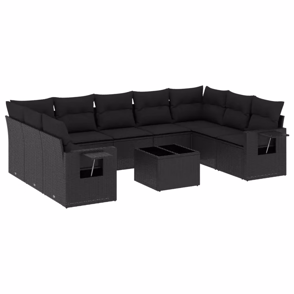 vidaXL Set Divani da Giardino a L 10 Pezzi in Polyrattan Nero con Cuscini e Tavolino – 2
