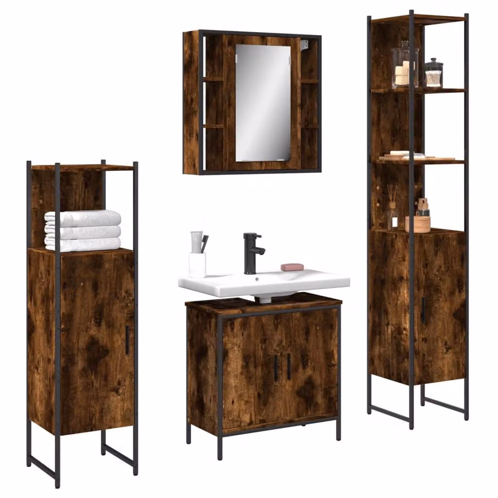 Set di mobili da bagno moderno vidaXL 4 pezzi in legno rovere fumo marrone composto da armadietto con specchio, mobile lavabo, colonna alta e mobile laterale