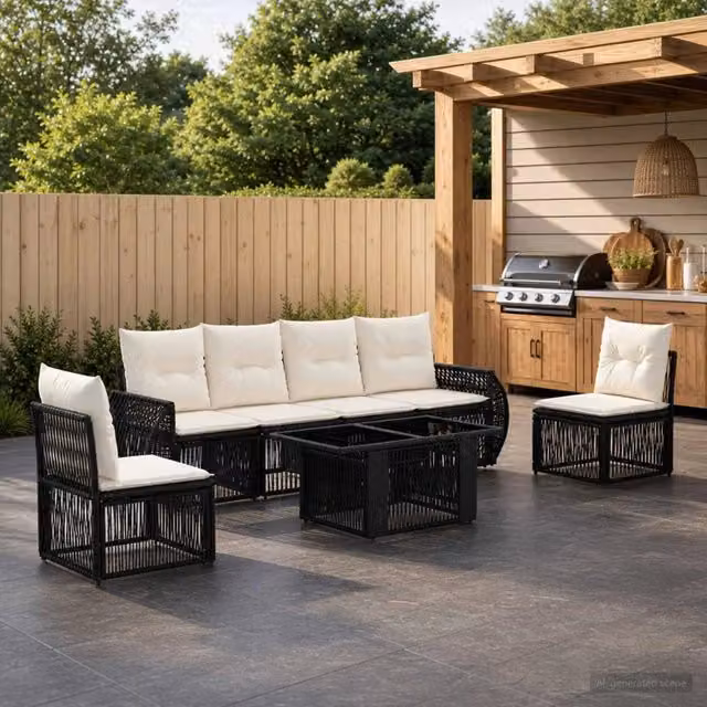 Set Divano da Giardino 7 pz Nero e Bianco Crema polyrattan 3436924