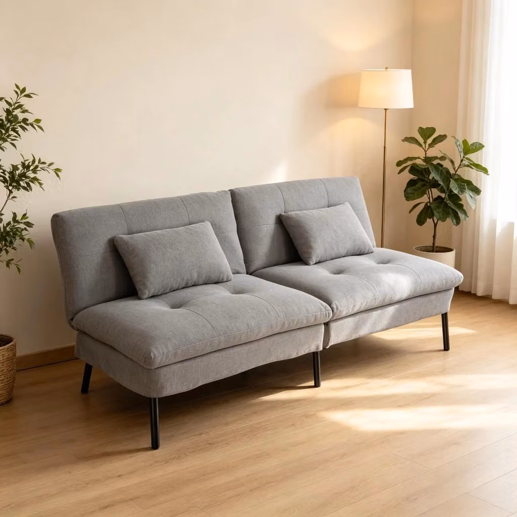 Divano letto REDOM a 2 posti in tessuto grigio con funzione click-clack e poggiatesta regolabile, L: 176 cm, P: 64 cm, H: 84 cm – 2